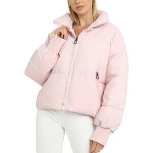 Women’s Light Pink Winter Warm Cropped Puffer Jacket Coat Pockets Short Quilted